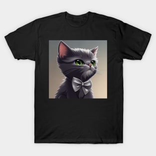 Elegant Grey Cat With a Grey Bow Tie | White and grey cat with green eyes | Digital art Sticker T-Shirt